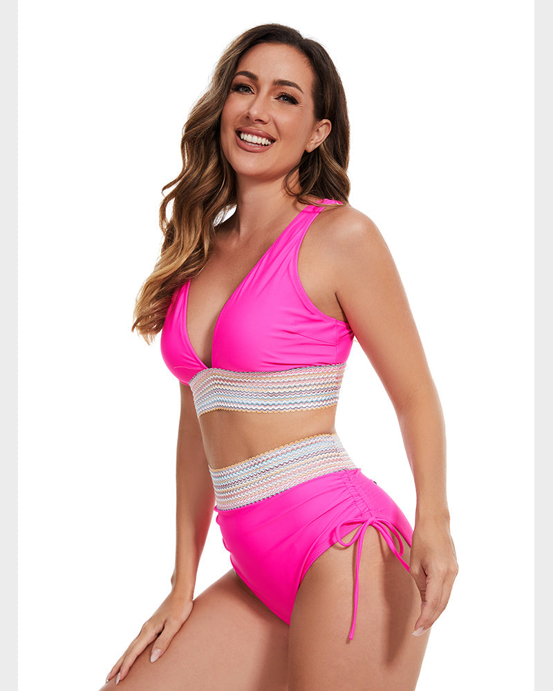 Swimly® High Waisted Tummy Control Color Block Bikini Sets
