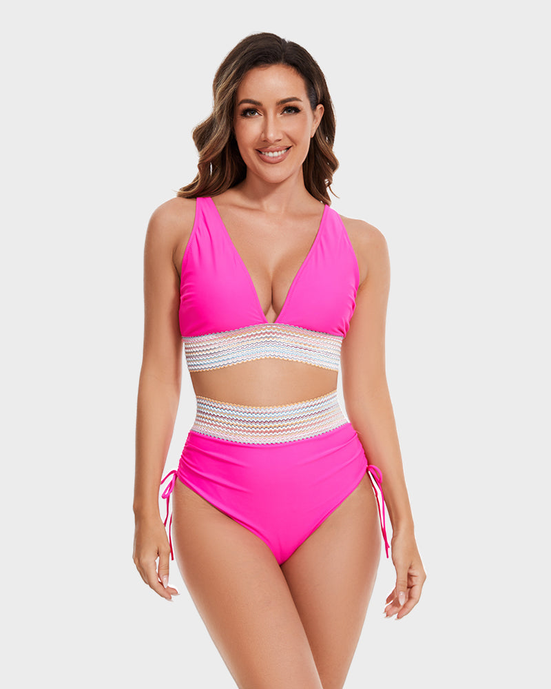 Swimly® High Waisted Tummy Control Color Block Bikini Sets