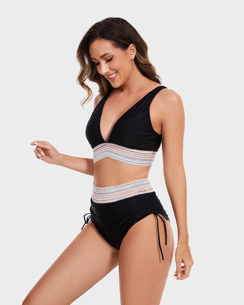Swimly® High Waisted Tummy Control Color Block Bikini Sets