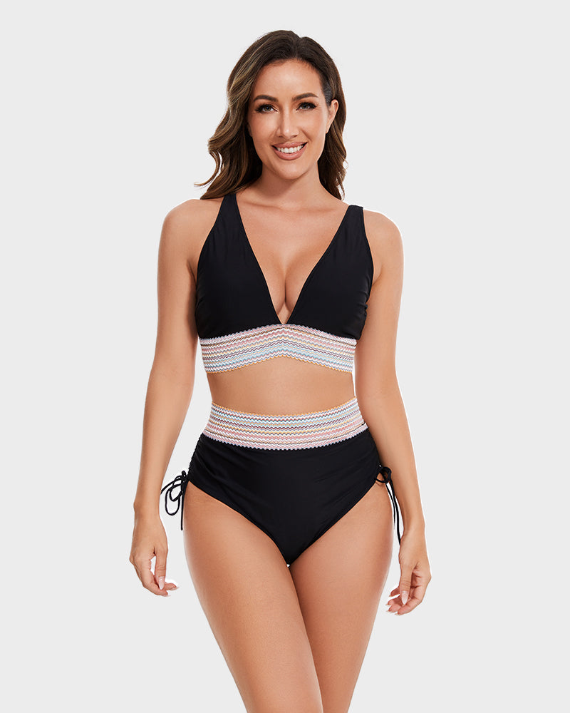 Swimly® High Waisted Tummy Control Color Block Bikini Sets