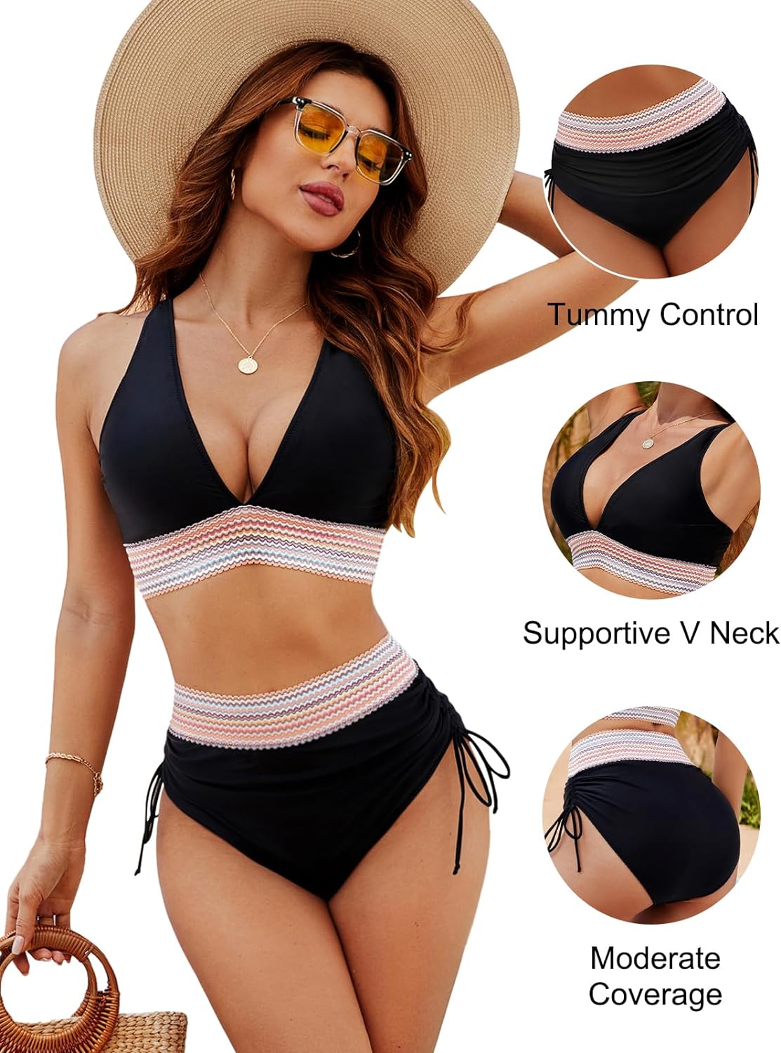 Swimly® High Waisted Tummy Control Color Block Bikini Sets