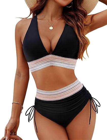 Swimly® High Waisted Tummy Control Color Block Bikini Sets