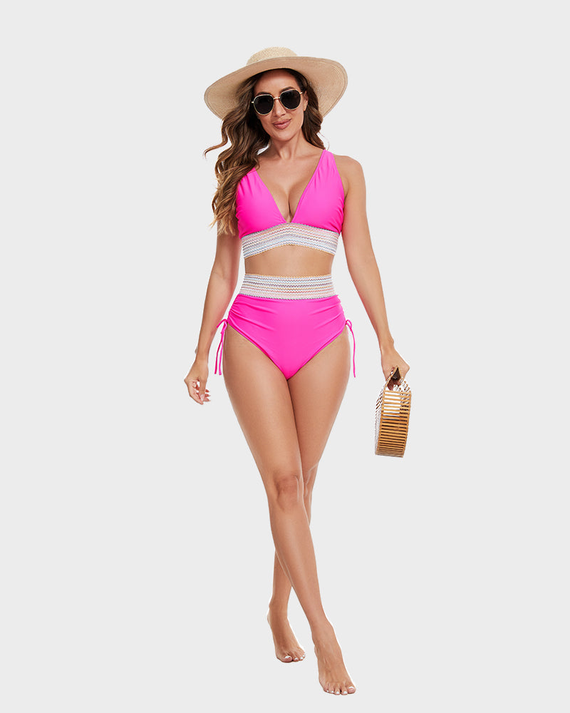 Swimly® High Waisted Tummy Control Color Block Bikini Sets