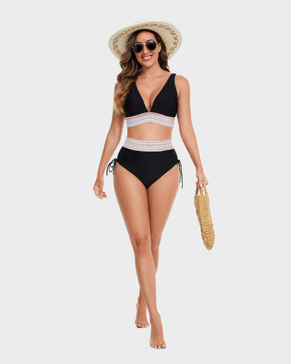 Swimly® High Waisted Tummy Control Color Block Bikini Sets